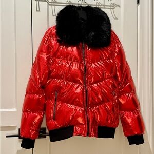 NWT Jordan Craig Vibrant Red Puffer Jacket with Removable Black Faux Fur Collar